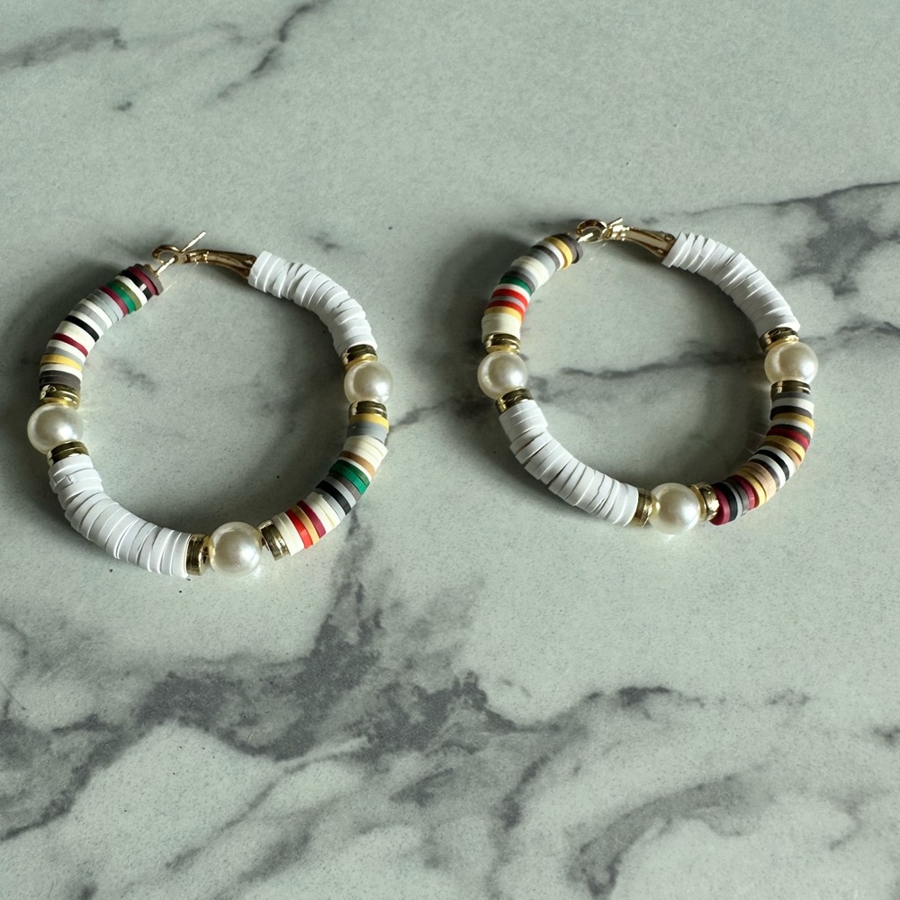 Multicolor & White Beaded Hoop Earrings with Pearl Accents - Picture 3 of 3